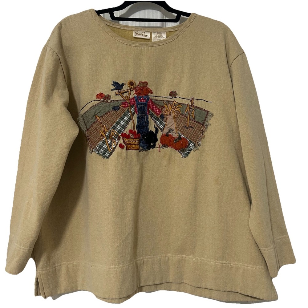 Bobbie Brooks Sweatshirt Embroidered Scarecrow 26w/28w‎ Grandma Tan Long Sleeve
